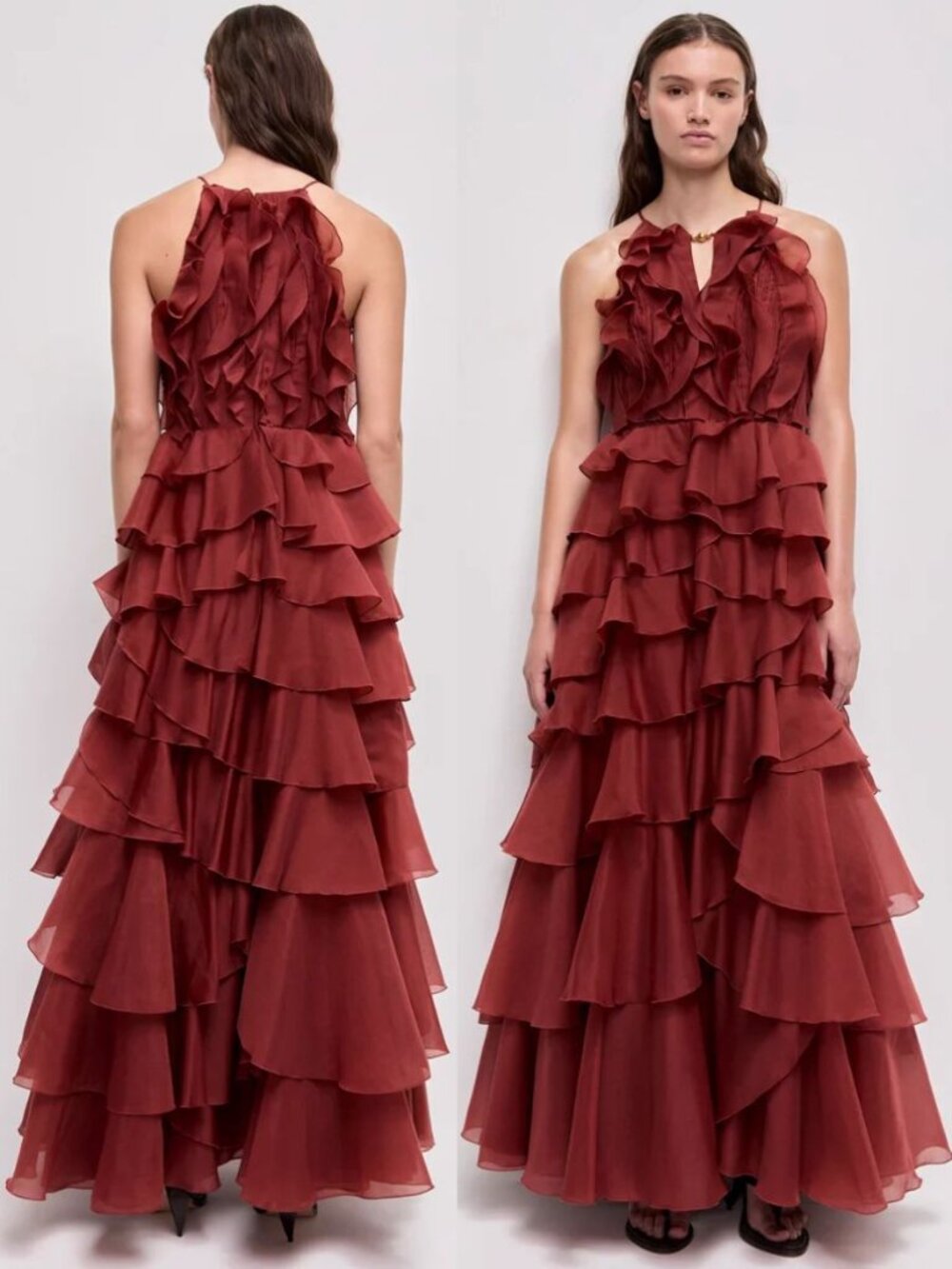 Aje Cleo Gown Rust Brown Orange Ruffle Chiffon Maxi Dress NWT Size AU 8 US 4 - Picture 13 of 13